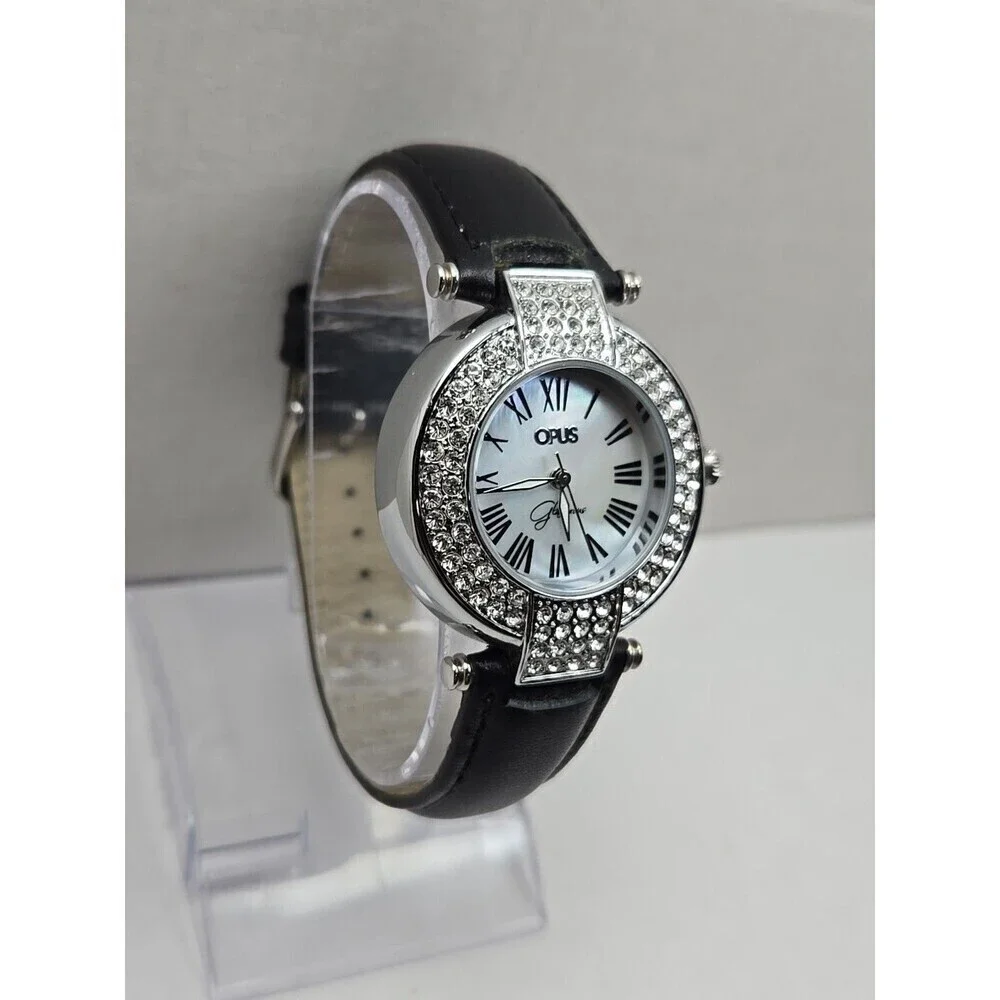 Opus Glamorous Womens Watch MOP 36mm Pave Crystal Black Leather New Battery